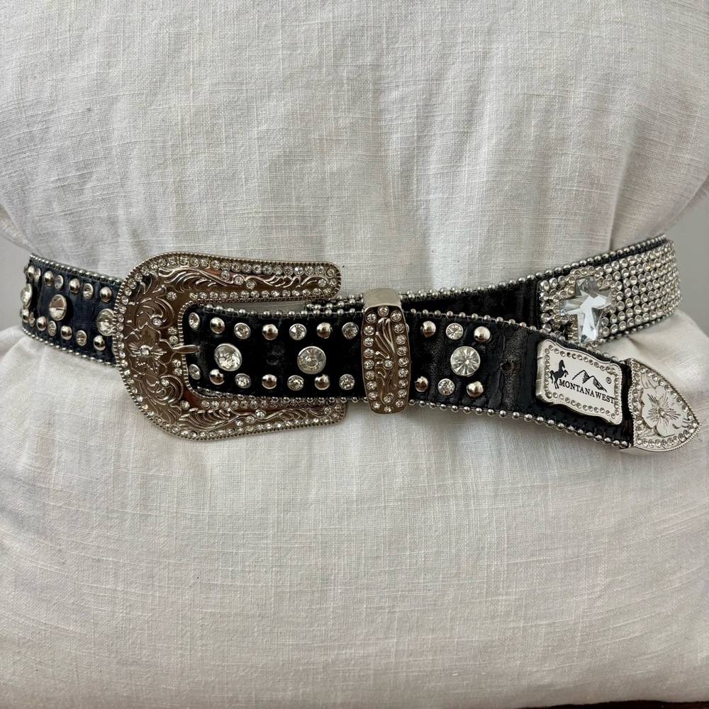 Montana West Western Cowboy Studded Rhinestone Leather Belt w/ Silver Buckle
